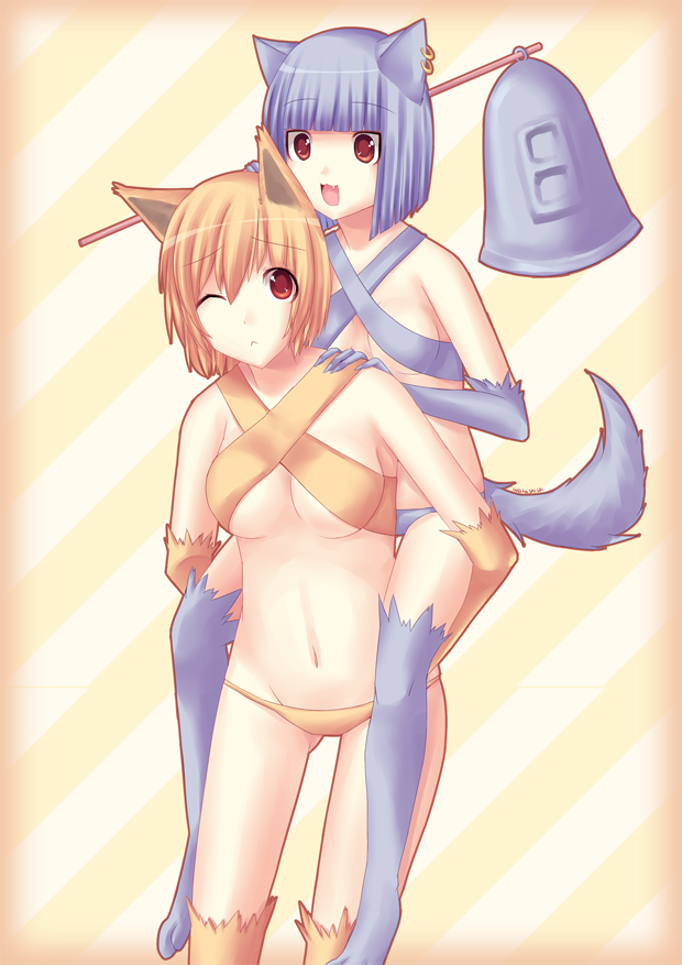 2girls, animal_ears, animal_feet, animal_hands, bell, blunt_bangs, blush, bra