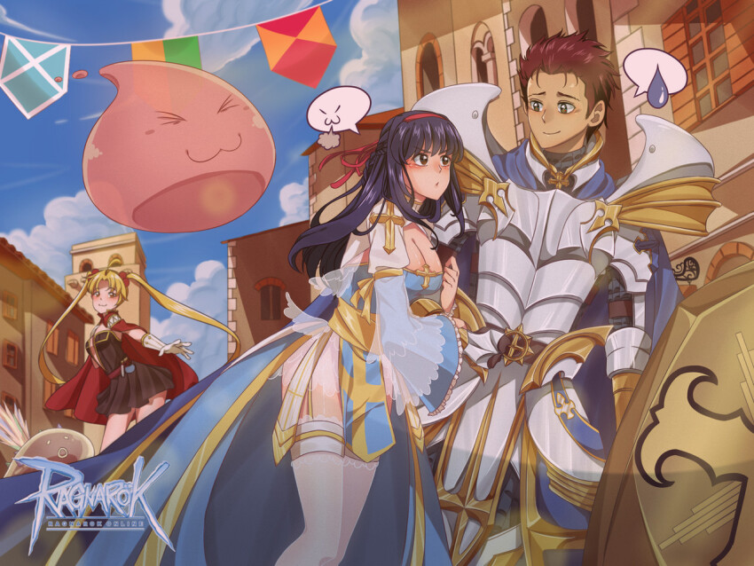1boy, 2girls, :3, arch_bishop_(ragnarok_online), arm_hug, armor, black_hair, blonde_hair