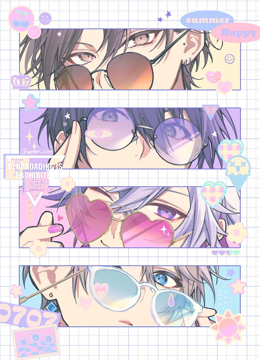 4boys, artist_name, bandaid, black_hair, blue-tinted_eyewear, blue_background, blue_eyes, brown-tinted_eyewear