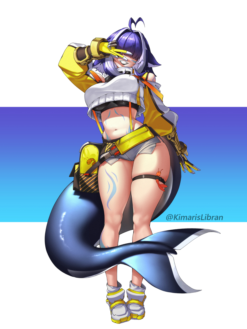 1girl, absurdres, ahoge, alternate_hairstyle, black_lips, black_sports_bra, body_markings, boots, cetacean_tail, cosplay, cropped_sweater, elegg_(nikke), elegg_(nikke)_(cosplay), exposed_pocket, fins, fish_tail, full_body, gloves, goddess_of_victory:_nikke, grin, hair_intakes, hair_over_eyes, highres, indie_virtual_youtuber, kimarislibran, micro_shorts, orca_girl, shorts, shylily, smile, solo, sports_bra, standing, suspender_shorts, suspenders, sweater, tail, teeth, thigh_strap, virtual_youtuber, w, white_boots, white_shorts, white_sweater, yellow_gloves