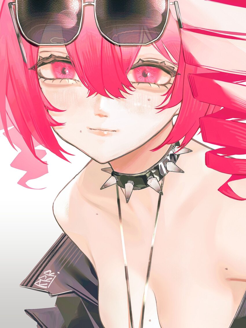 1girl, alternate_costume, bare_shoulders, black_collar, black_jacket, breasts, cleavage, collar