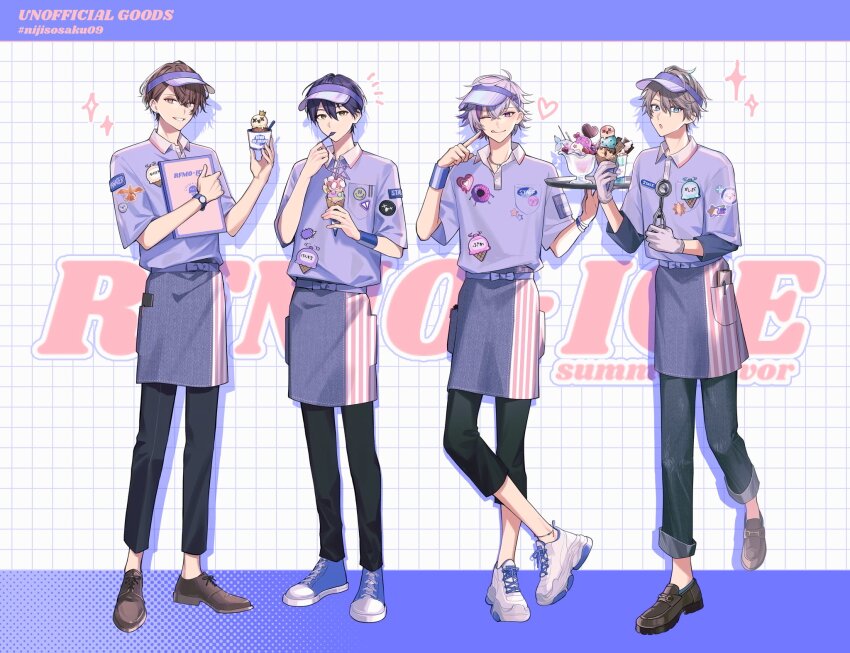 4boys, :o, ;q, anklet, apron, badge, black_pants, black_shoes