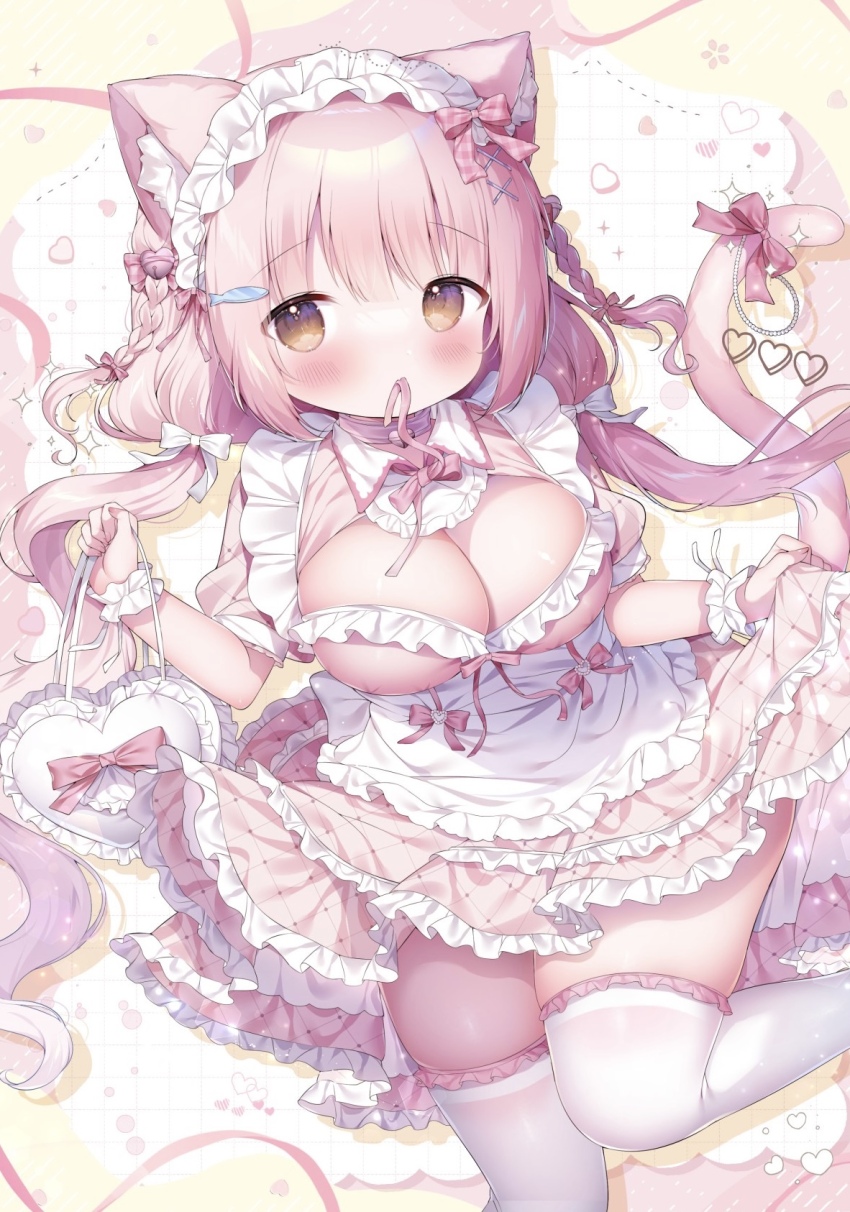 1girl, animal_ear_fluff, animal_ears, apron, bag, bag_bow, bell, bow, bowtie, braid, breasts, cat_ears, cat_girl, cat_tail, cleavage_cutout, clothing_cutout, collared_dress, commentary_request, dress, fish_hair_ornament, frilled_apron, frilled_dress, frilled_thighhighs, frilled_wrist_cuffs, frills, hair_bell, hair_bow, hair_ornament, heart-shaped_bag, highres, holding, holding_bag, leg_up, long_hair, low_twintails, maid, maid_headdress, mouth_hold, nekomiya_(tsukimi_mumi), oppai_loli, original, pink_dress, pink_hair, red_bow, red_bowtie, ribbon, ribbon_in_mouth, see-through_clothes, see-through_wrist_cuffs, solo, tail, tail_bow, tail_ornament, thighhighs, tsukimi_mumi, twin_braids, twintails, very_long_hair, white_apron, white_bag, white_bow, white_thighhighs, wrist_cuffs, x_hair_ornament, yellow_eyes