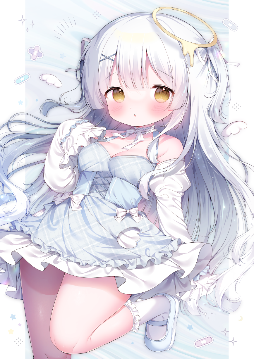1girl, angel, angel_wings, arute_miu, blue_corset, blue_dress, blue_shoes, blush, bow, breasts, cleavage, commentary_request, commission, corset, detached_sleeves, detached_wings, dress, frilled_dress, frilled_sleeves, frilled_socks, frills, hair_ornament, hair_ribbon, halo, highres, indie_virtual_youtuber, juliet_sleeves, leg_up, long_hair, long_sleeves, mary_janes, melting_halo, parted_lips, plaid_clothes, plaid_dress, puffy_sleeves, ribbon, shoes, skeb_commission, sleeveless, sleeveless_dress, small_breasts, socks, solo, tenshi_kaiwai, tsukimi_mumi, two_side_up, white_bow, white_hair, white_ribbon, white_sleeves, white_socks, white_wings, wings, x_hair_ornament, yellow_eyes, yellow_halo