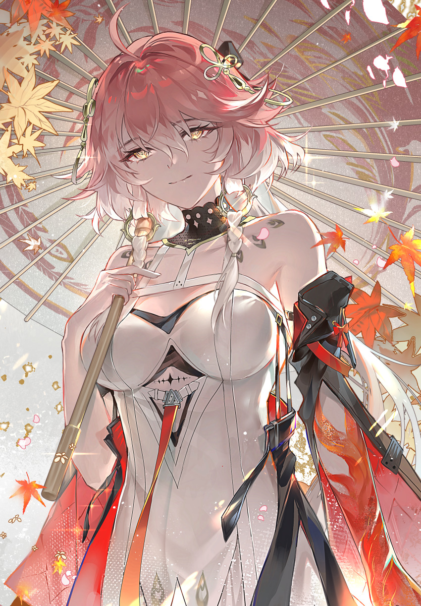 1girl, absurdres, ahoge, bare_shoulders, black_collar, black_sleeves, body_markings, braid