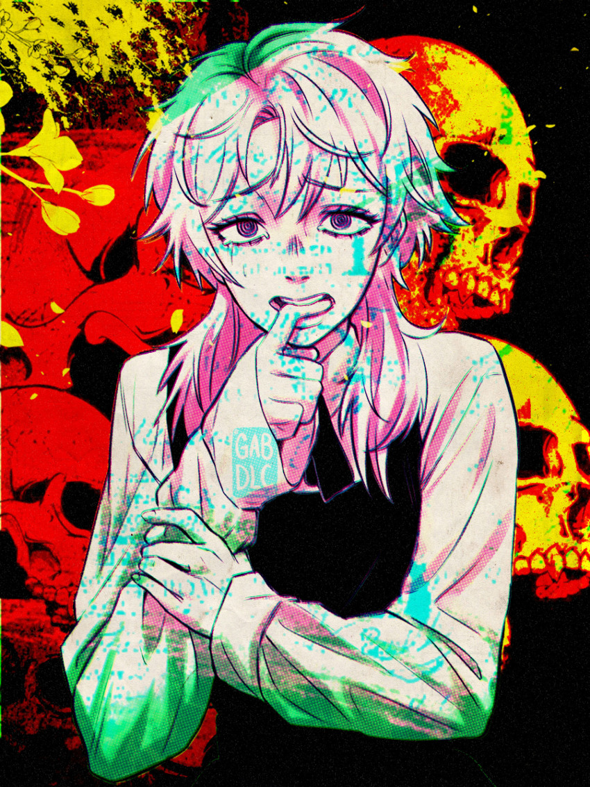 1girl, absurdres, biting_own_finger, chainsaw_man, collared_shirt, commentary, death_devil_(chainsaw_man), dress