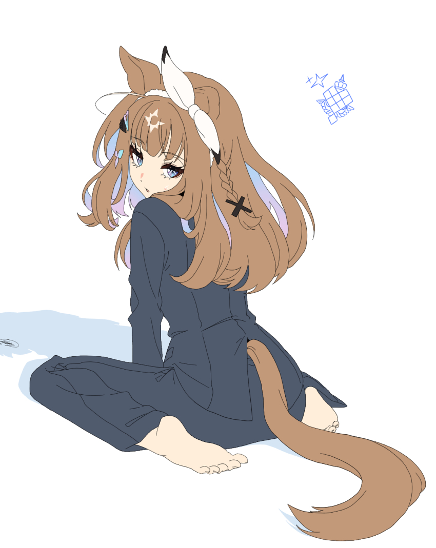 1girl, almond_eye_(umamusume), animal_ears, barefoot, blue_eyes, blue_hair, bow, bow_hairband, braid, brown_hair, colored_inner_hair, commentary_request, feet, gradient_hair, hair_bow, hairband, highres, horse_ears, horse_girl, horse_tail, kuman_bachi, long_hair, long_sleeves, multicolored_hair, purple_hair, simple_background, sitting, soles, solo, tail, umamusume, wariza, white_background, white_bow, white_hairband