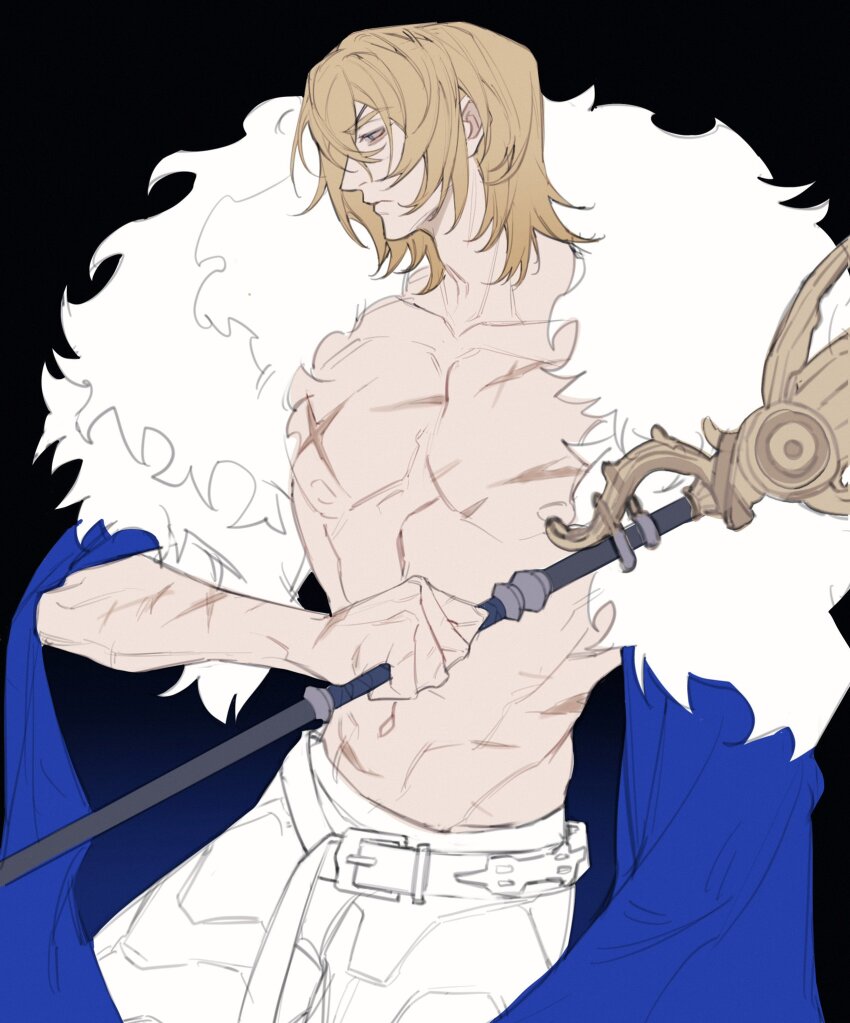 1boy, abs, areadbhar_(fire_emblem), bare_pectorals, belt, belt_buckle, black_background, blonde_hair