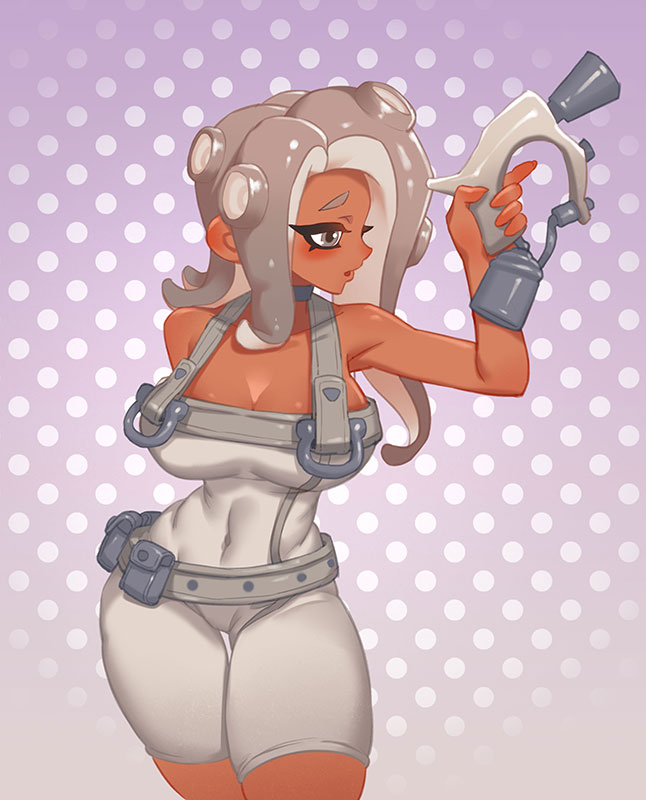 1girl, agent_8_(splatoon), bare_shoulders, belt_pouch, bodysuit, breasts, cleavage, cowboy_shot