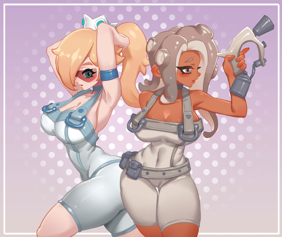 2girls, agent_8_(splatoon), agent_8_(splatoon)_(cosplay), armband, arms_behind_head, bare_shoulders, belt_pouch, blonde_hair