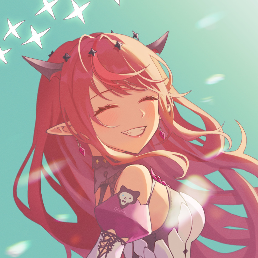 1girl, bare_shoulders, blush, breasts, brooch, closed_eyes, commentary, demon_horns