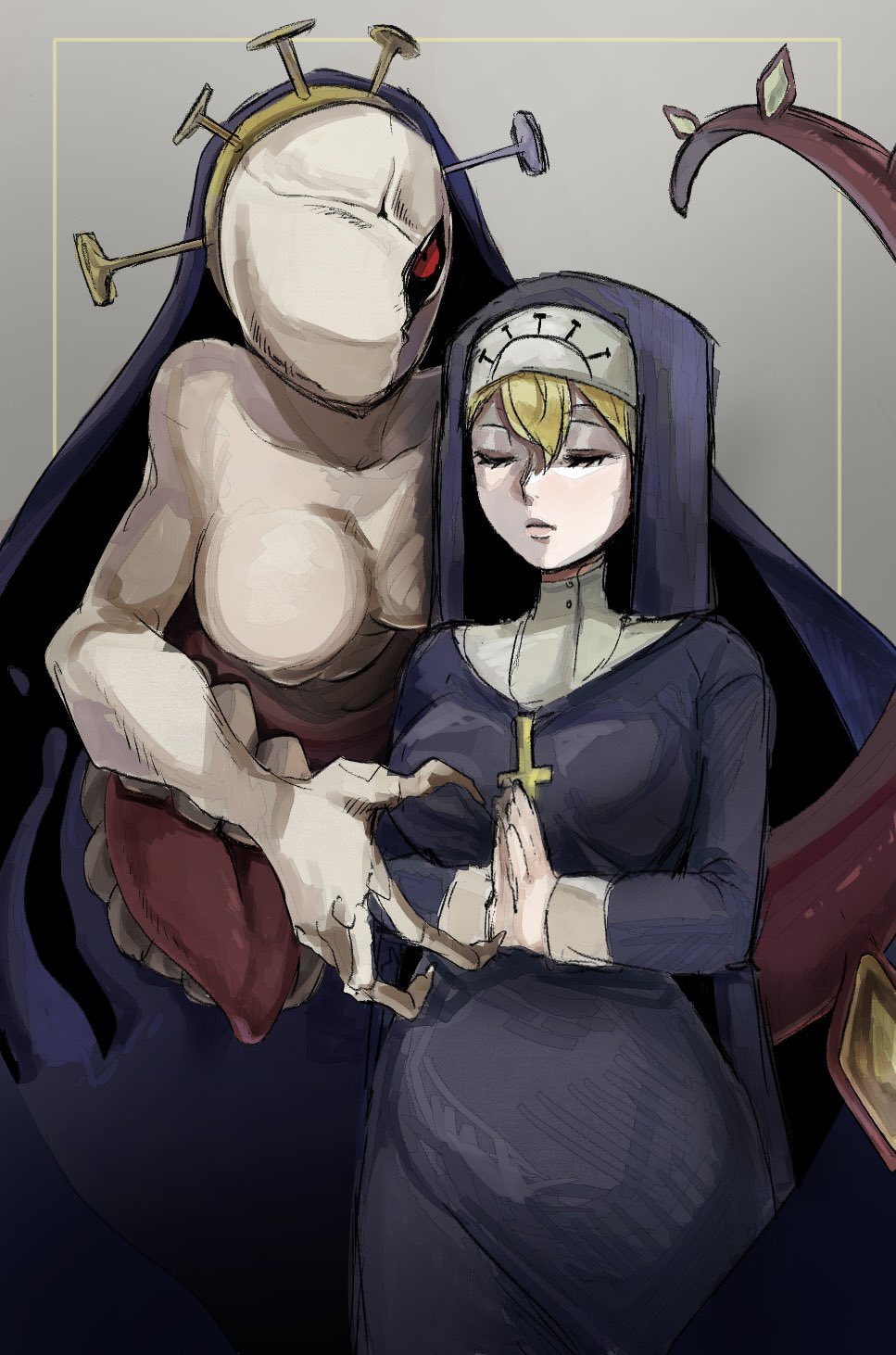 1girl, blonde_hair, cross, cross_necklace, crown, double_(skullgirls), dual_persona, extra_eyes, extra_mouth, highres, jewelry, monster, monster_girl, necklace, nun, palms_together, praying, red_eyes, shimoya_k, skullgirls, solo