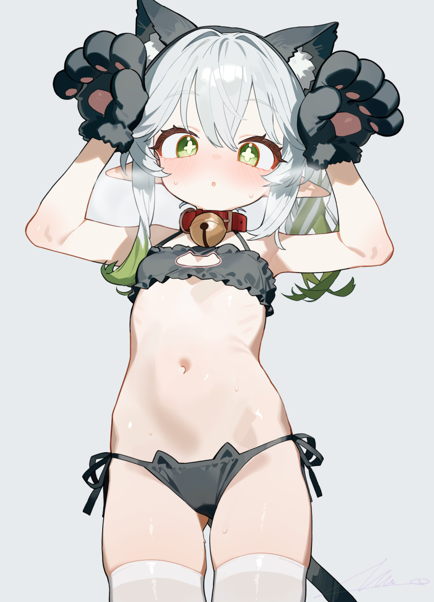 1girl, :o, animal_collar, animal_ears, animal_hands, bell, black_bra, black_panties, blush, bra, cat_cutout, cat_ear_panties, cat_ears, cat_lingerie, cat_paws, cat_tail, cleavage_cutout, clothing_cutout, collar, commentary_request, cowboy_shot, cross-shaped_pupils, fake_animal_ears, fake_tail, flat_chest, frilled_bra, frills, genshin_impact, gloves, gradient_hair, green_eyes, green_hair, grey_hair, hands_up, heavy_breathing, highres, jingle_bell, loli, long_hair, looking_at_viewer, multicolored_hair, nahida_(genshin_impact), navel, neck_bell, open_mouth, overlord_(overlord80000), panties, paw_gloves, paw_pose, pointy_ears, side-tie_panties, side_ponytail, sidelocks, simple_background, solo, stomach, sweat, symbol-shaped_pupils, tail, thighhighs, underwear, underwear_only, white_thighhighs