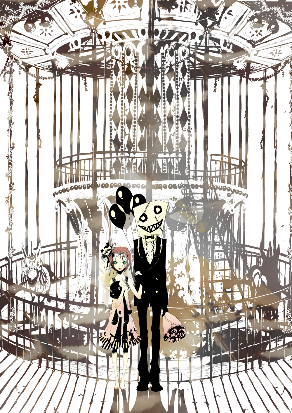 1boy, 1girl, bad_id, bad_pixiv_id, balloon, carousel, earrings, flower