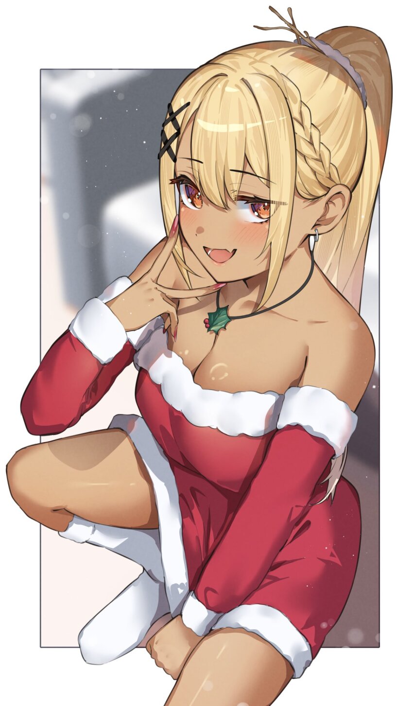 1girl, alternate_costume, bare_shoulders, blonde_hair, braid, breasts, cleavage, collarbone