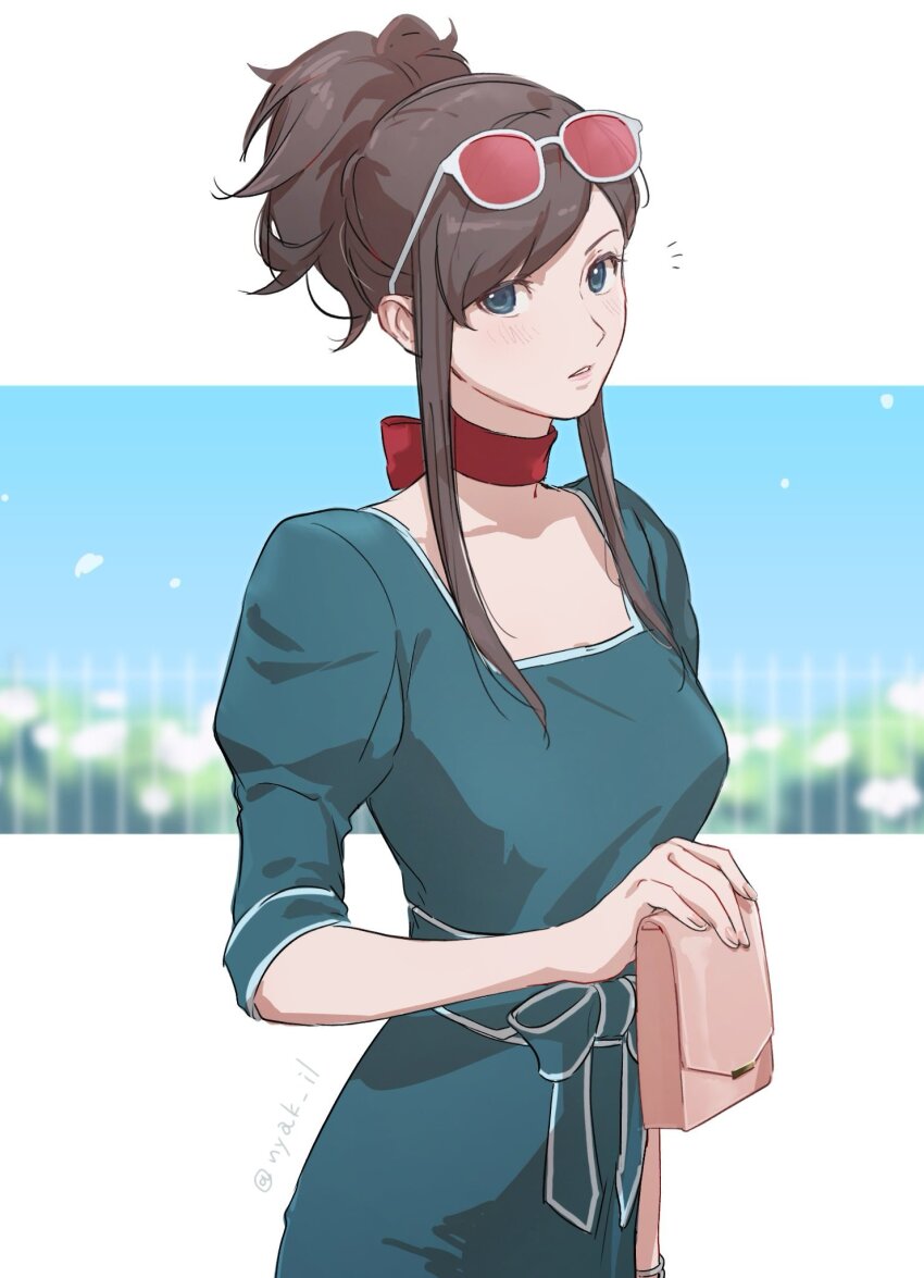 1girl, ace_attorney, alternate_costume, alternate_hairstyle, bag, blue_dress, blue_eyes, breasts