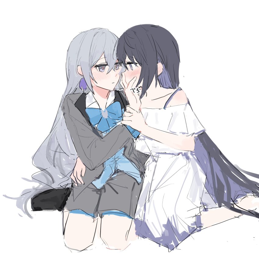 2girls, absurdres, at_tart, black_hair, black_shoes, blue_bow, blue_bowtie, blush