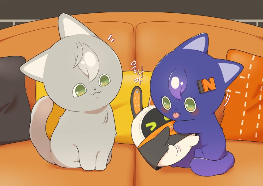 >_<, 1boy, 1girl, 1other, :3, absurdres, animal_ears, bandana, bandana_around_neck, bangboo_(zenless_zone_zero), belle_(zenless_zone_zero), blush, brother_and_sister, cat, cat_ears, cat_tail, closed_mouth, couch, eous_(zenless_zone_zero), green_eyes, hashtag-only_commentary, highres, hug, husigi_0112, korean_text, no_humans, on_couch, open_mouth, orange_bandana, pillow, siblings, smile, tail, wise_(zenless_zone_zero), zenless_zone_zero