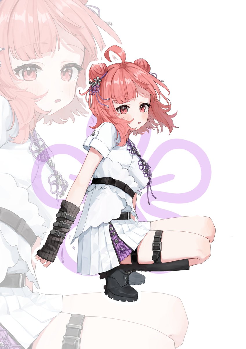 1girl, ahoge, arm_strap, arm_warmers, black_boots, boots, chest_strap, double_bun