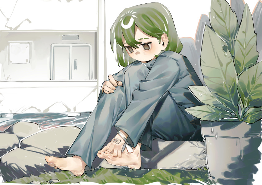 1boy, absurdres, bandaid, barefoot, blue_pajamas, blue_pants, blue_shirt, eyebrow_cut