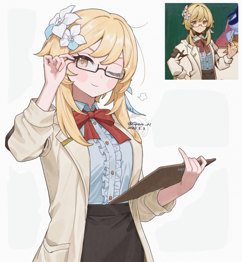 1girl, artist_name, black_skirt, blonde_hair, clipboard, commentary, game_screenshot, genshin_impact