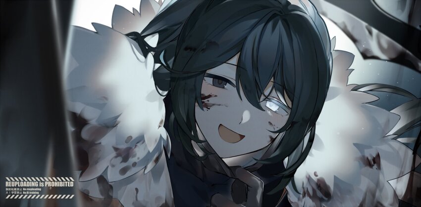 1boy, :d, black_gloves, black_hair, blood, blood_on_clothes, blood_on_face, dosukoiponiponi