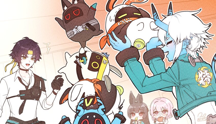 >_<, 1boy, 2girls, 5others, absurdres, artist_name, asaba_harumasa, asaboo_(zenless_zone_zero)