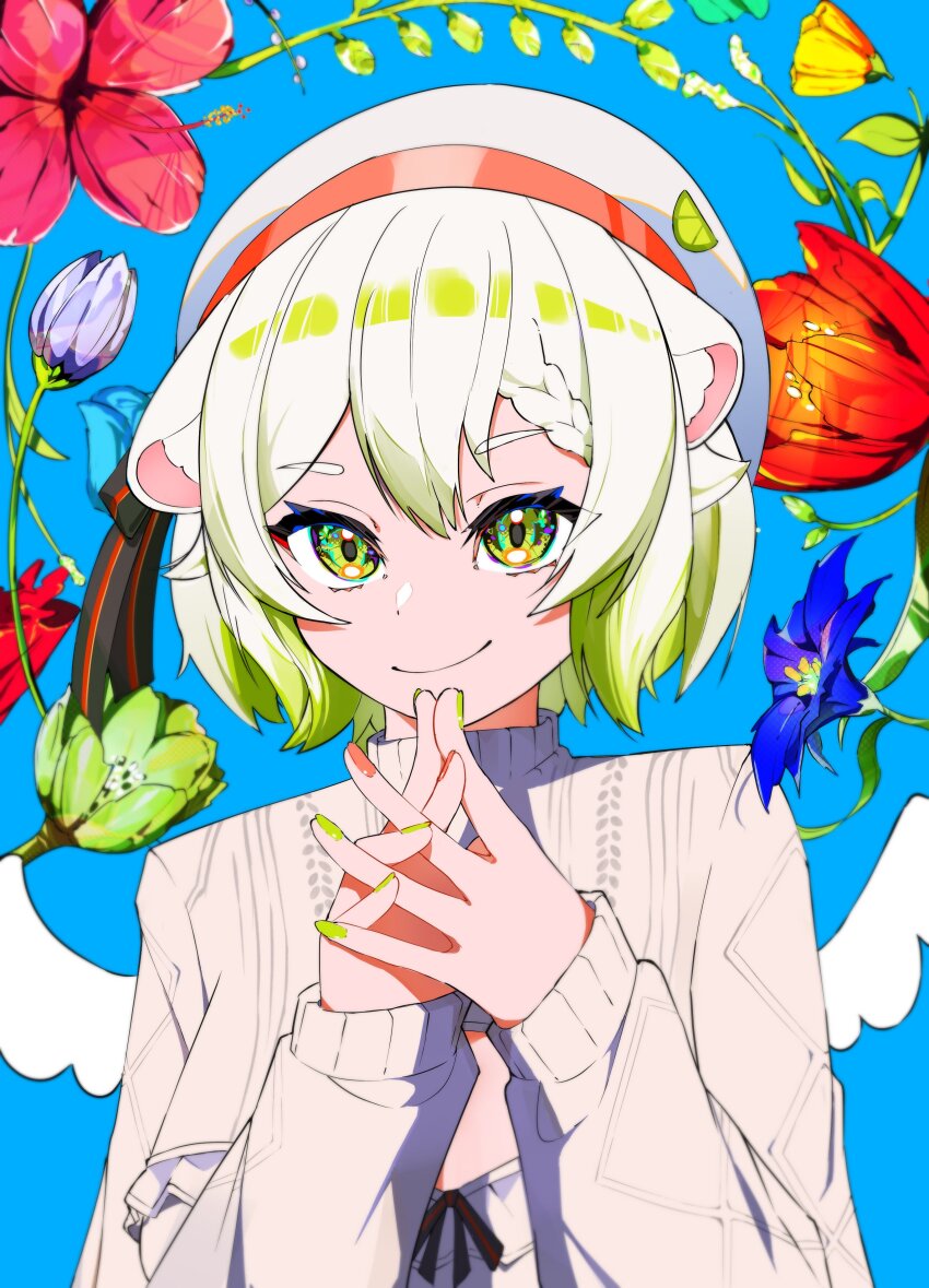 absurdres, beret, blue_flower, bob_cut, braid, chattdraws, cleavage_cutout, close-up