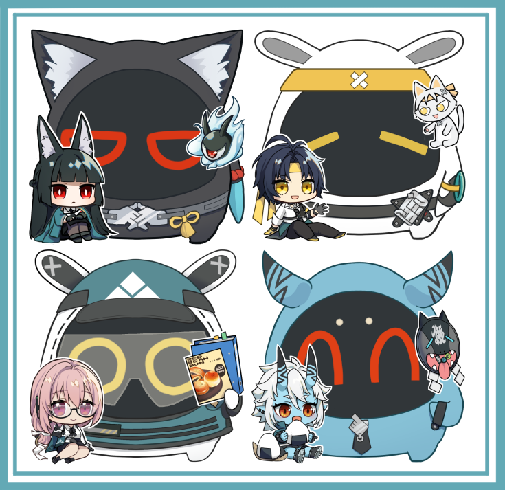2boys, 3girls, 5others, ^_^, agent_gulliver_(zenless_zone_zero), asaba_harumasa, asaba_harumasa_(cat), asaboo_(zenless_zone_zero)
