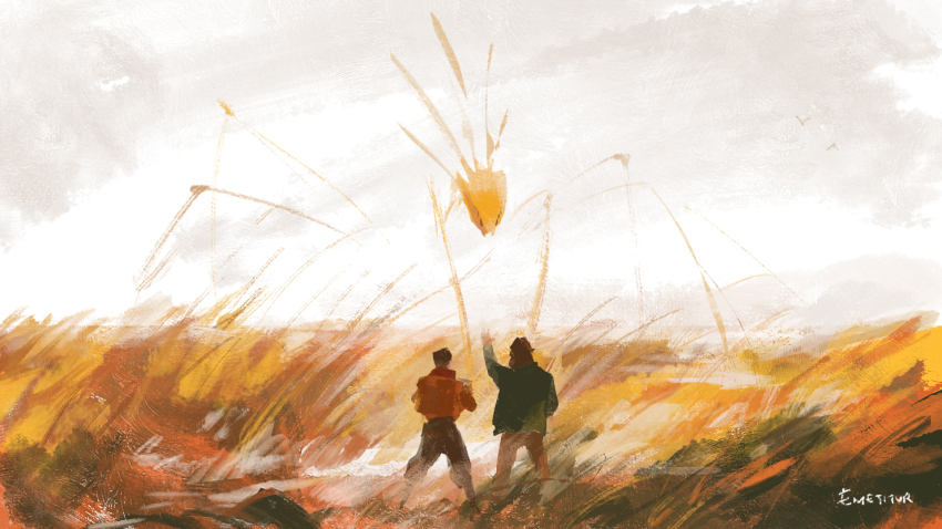 2boys, brown_pants, day, disco_elysium, emetitur, facing_away, field, green_jacket, harry_du_bois, highres, horizon, insulindian_phasmid, jacket, kim_kitsuragi, monster, multiple_boys, orange_jacket, outdoors, pants, scenery, signature, sky, spoilers, standing, white_sky, wide_shot