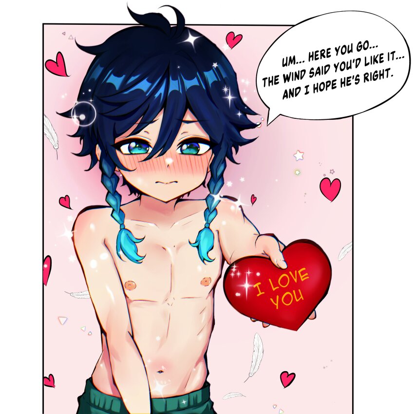 1boy, absurdres, aged_down, androgynous, braid, chromatic_aberration, drintrava, genshin_impact, gradient_hair, heart, highres, male_focus, multicolored_hair, nipples, pixiv_username, short_hair, short_hair_with_long_locks, shota, shy, side_braids, solo, twin_braids, venti_(genshin_impact)
