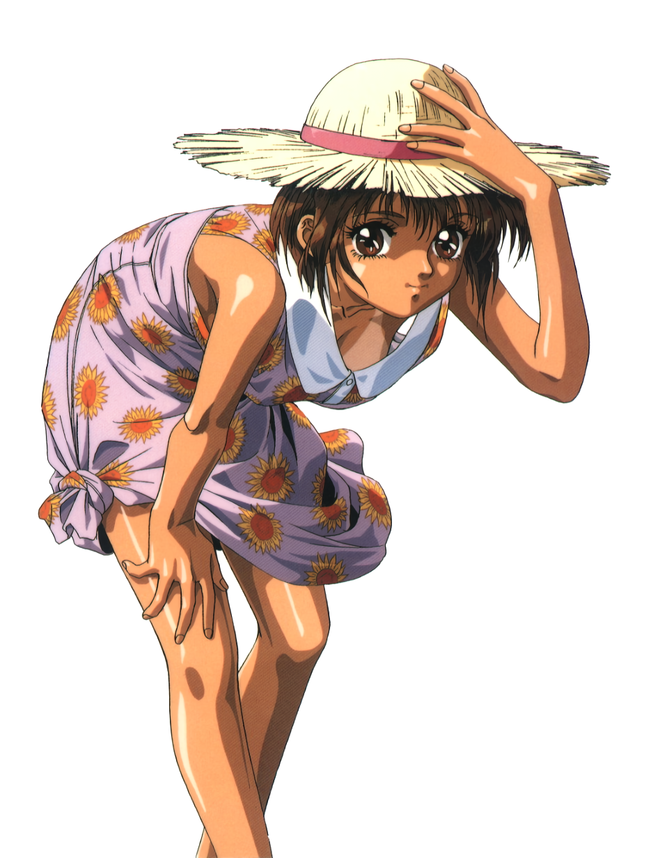 1990s_(style), 1girl, brown_eyes, brown_hair, downblouse, dress, floral_print, hand_on_knees