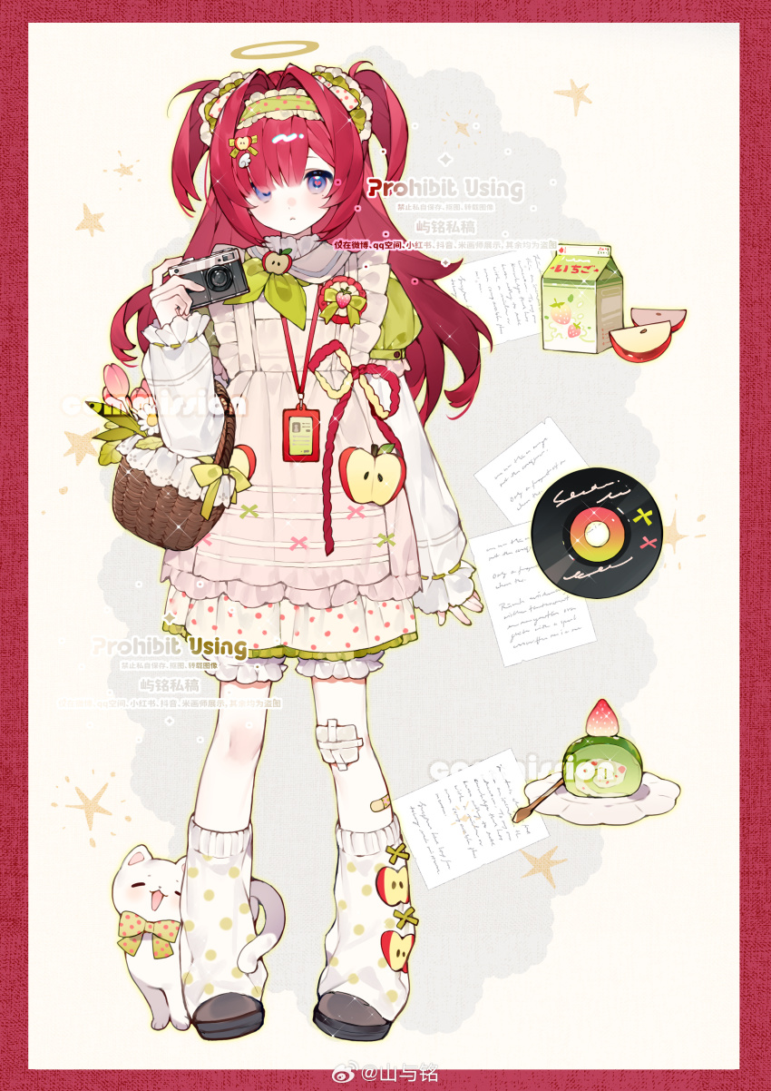 1girl, absurdres, apple, apple_slice, apron, bandages, blue_eyes, camera