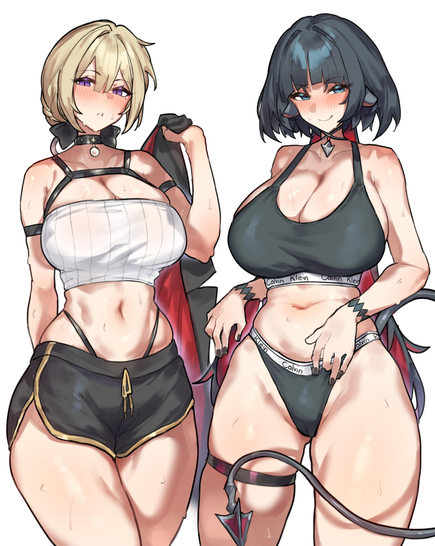 2girls, absurdres, animal_ears, bandeau, bare_shoulders, black_hair, black_jacket, black_panties
