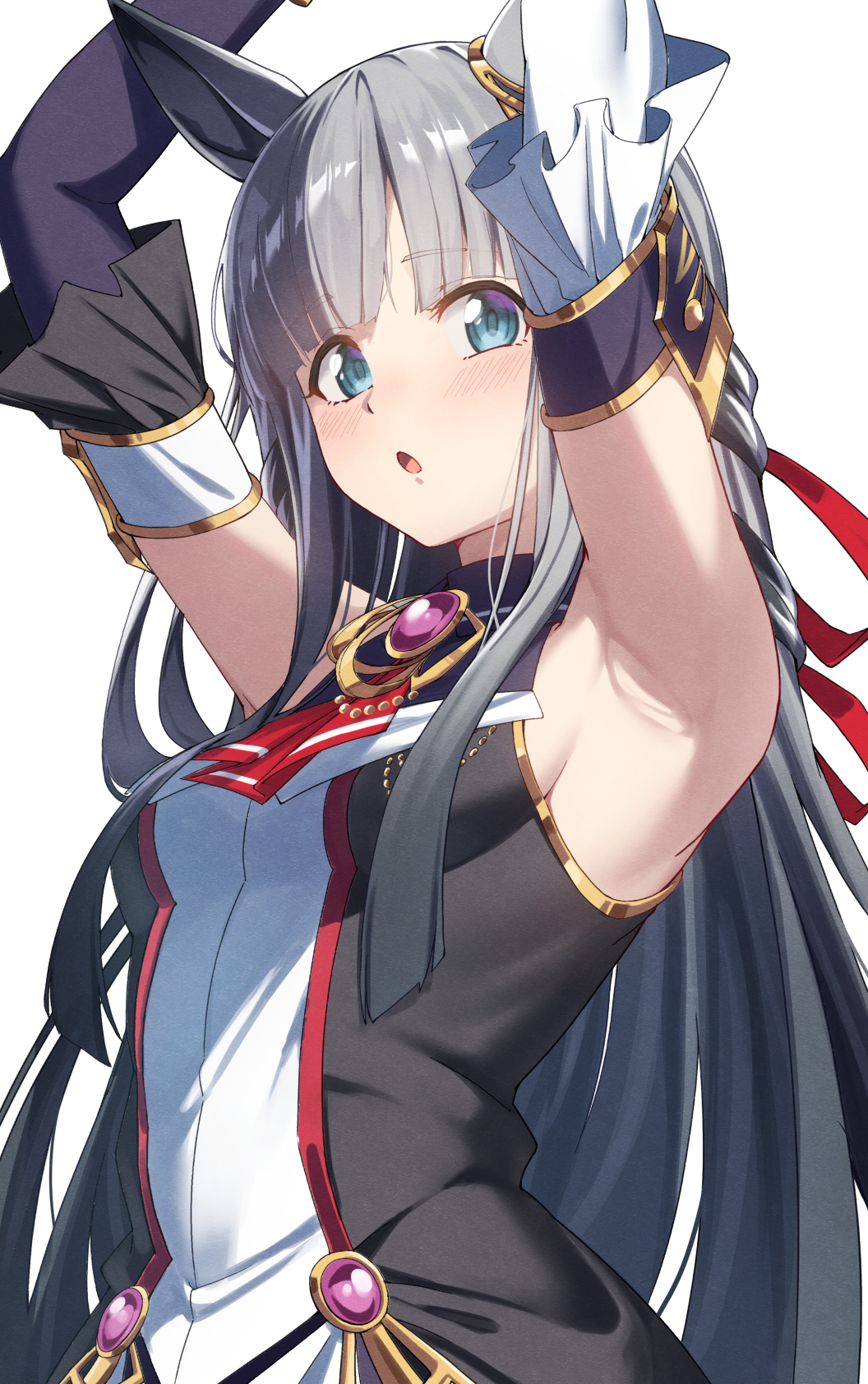1girl, animal_ears, aqua_eyes, armpits, arms_up, black_hair, breasts, chrono_genesis_(prismatic_curator)_(umamusume), chrono_genesis_(umamusume), commentary_request, detached_sleeves, gem, gold_trim, grey_hair, highres, horse_ears, horse_girl, horse_tail, kagari_liroi, long_hair, looking_at_viewer, multicolored_hair, open_mouth, purple_gem, simple_background, sleeveless, small_breasts, solo, streaked_hair, tail, umamusume