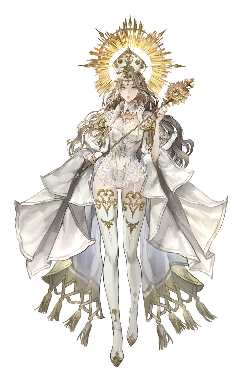 1girl, blonde_hair, boots, breasts, capelet, closed_mouth, collar, collarbone, commentary, corset, cross, cross_necklace, detached_collar, earrings, english_commentary, forehead_cross, forehead_protector, full_body, fur-trimmed_capelet, fur_trim, garter_straps, gold_trim, hair_ornament, highres, holding, jewelry, lace_trim, long_hair, looking_to_the_side, necklace, okku, original, pope, simple_background, small_breasts, solo, standing, thigh_boots, thighhighs, thighs, white_background, white_collar, white_corset, white_thighhighs, yellow_eyes