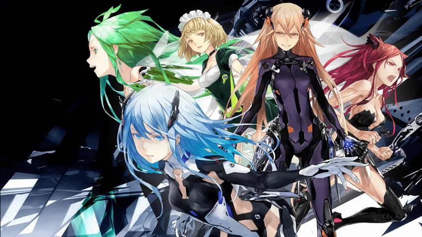 5girls, android, armpit_cutout, bare_arms, bare_shoulders, beatless, black_background, black_bodysuit