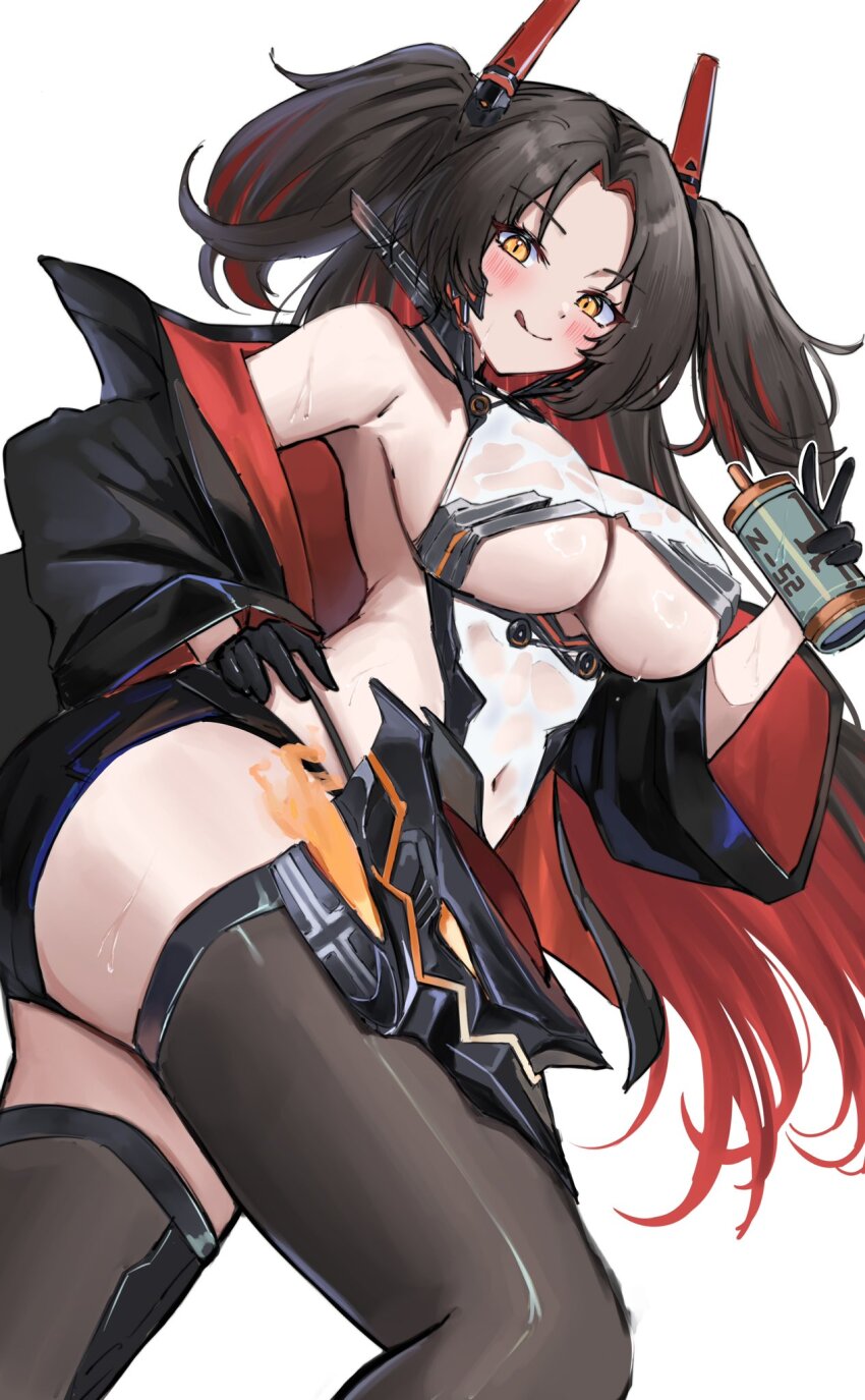 1girl, azur_lane, black_gloves, black_hair, black_jacket, bottle, breasts, brown_thighhighs