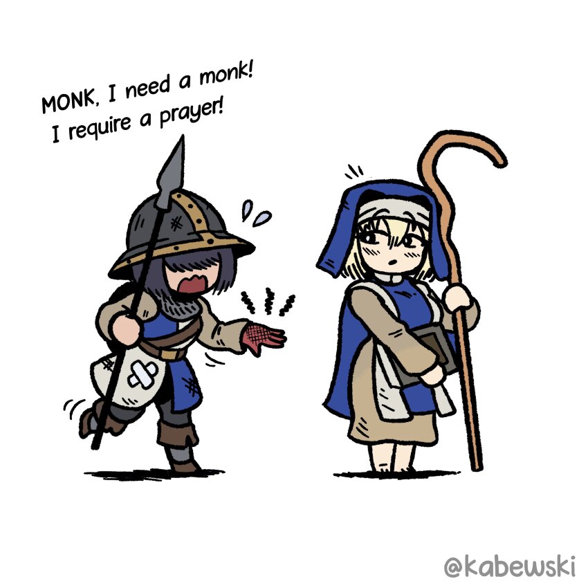 2girls, :o, absurdres, age_of_empires_(series), age_of_empires_ii, artist_name, barefoot, black_hair, blue_hoodie, blush, book, brown_shoes, hair_over_eyes, helmet, highres, holding, holding_book, holding_polearm, holding_staff, holding_weapon, hood, hoodie, kabewski, long_sleeves, monk_(age_of_empires_ii), multiple_girls, notice_lines, open_mouth, polearm, running, shoes, simple_background, spearman_(aoe2), staff, standing, weapon, white_background