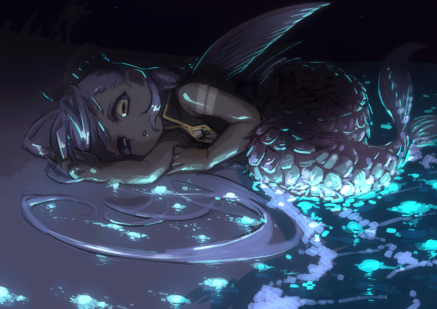 1girl, absurdres, amaryllis_gumi, beach, bioluminescence, black_eyes, black_vest, dark-skinned_female