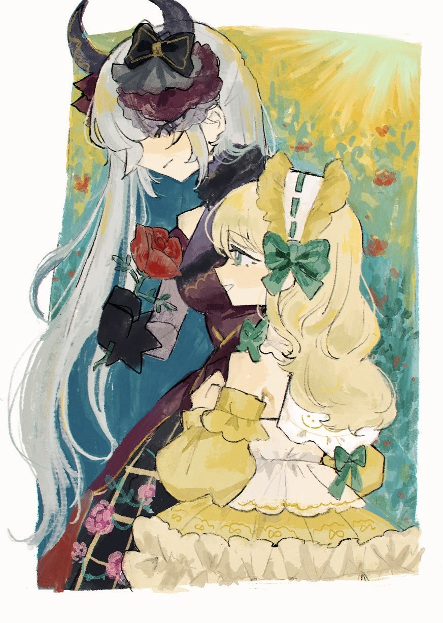 2girls, bare_shoulders, black_bow, black_dress, black_gloves, black_horns, blonde_hair, border, bow, breasts, bright_pupils, closed_mouth, commentary, cowboy_shot, day, detached_sleeves, dress, floral_print, flower, frilled_hairband, frills, gloves, green_bow, green_eyes, grey_hair, grin, hair_bow, hairband, hand_up, highres, holding, holding_flower, horn_bow, horn_ornament, horns, long_hair, long_sleeves, looking_at_another, looking_to_the_side, medium_breasts, moosu, multicolored_hairband, multiple_girls, official_alternate_costume, outdoors, outside_border, parted_lips, print_dress, profile, puffy_long_sleeves, puffy_sleeves, purple_eyes, red_dress, red_flower, red_rose, ribbon-trimmed_hairband, rose, rose_print, shoujo_kageki_revue_starlight, shoujo_kageki_revue_starlight_-re_live-, sideways_glance, sleeveless, sleeveless_dress, smile, standing, strapless, strapless_dress, sunlight, two-tone_dress, two-tone_hairband, very_long_hair, white_border, white_hairband, white_pupils, yellow_dress, yellow_hairband, yukishiro_akira, yumeoji_shiori