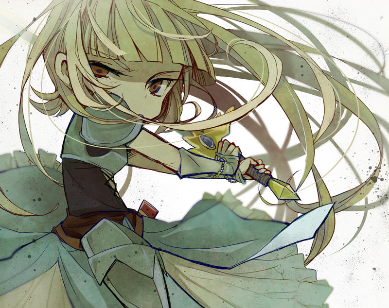 1girl, armor, armored_dress, battle, blonde_hair, blue_dress, blunt_bangs, bridal_gauntlets, brown_eyes, cowboy_shot, dress, frown, furrowed_brow, holding, holding_sword, holding_weapon, long_hair, mikoto_(tanken_driland), noritamako, solo, swinging_weapon, sword, tanken_driland, very_long_hair, weapon