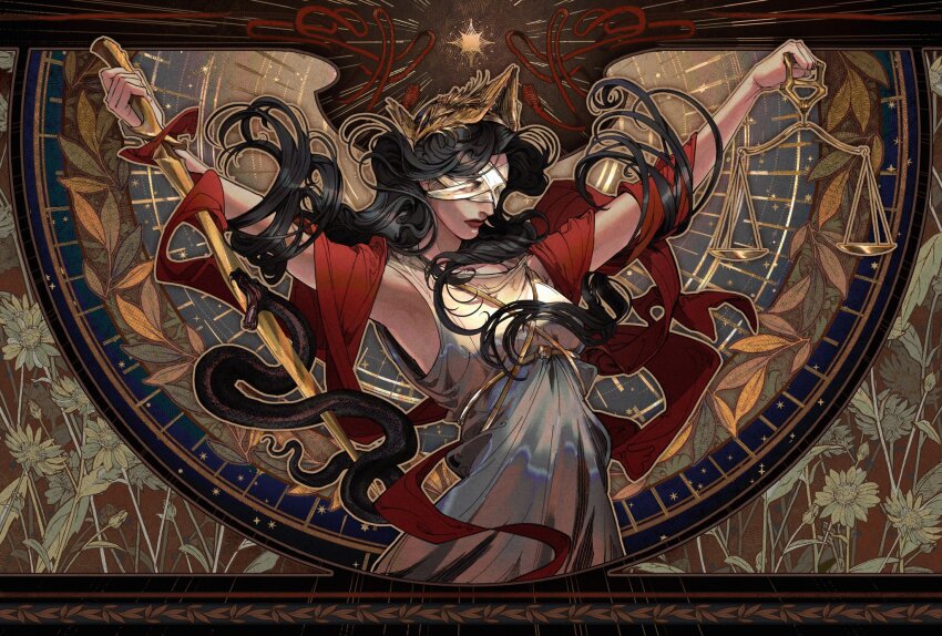 1girl, belt, black_hair, black_snake, blindfold, circle, closed_mouth, commentary, crown, dress, eliza_fox, facing_to_the_side, fangs, field, floating_hair, flower, flower_field, gold_crown, greek_mythology, hashtag-only_commentary, high-waist_belt, highres, holding, holding_scale, holding_staff, laurels, long_hair, outstretched_arms, red_lips, red_scarf, rope_belt, scarf, solo, staff, star_(symbol), themis_(mythology), upper_body, very_long_hair, white_dress