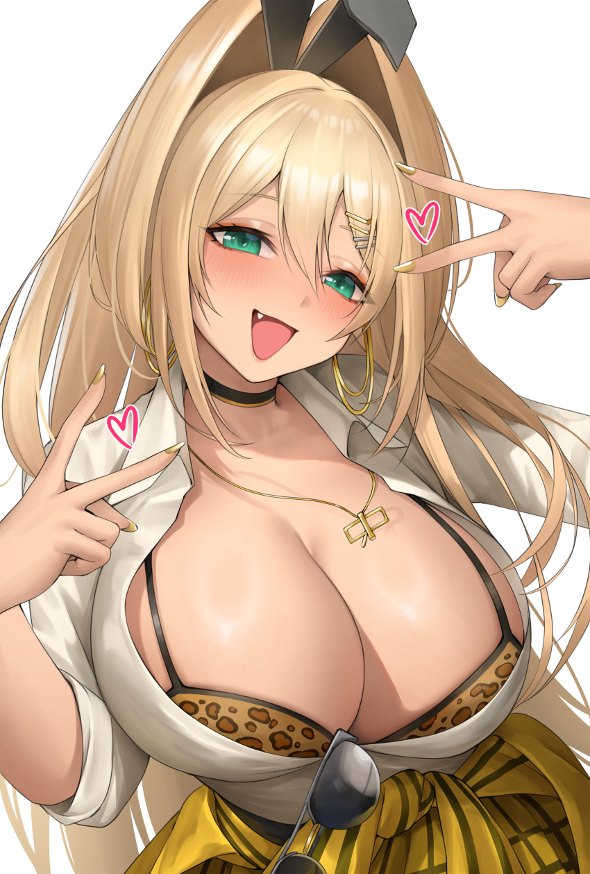 1girl, :d, absurdres, animal_print, black_choker, blonde_hair, bra, bra_peek