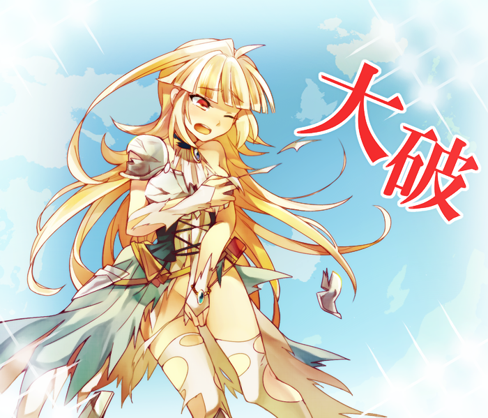 1girl, armor, armored_dress, blonde_hair, blunt_bangs, breasts, bridal_gauntlets, broken_armor, covering_breasts, covering_crotch, covering_privates, cowboy_shot, damaged, dress, embarrassed, long_hair, mikoto_(tanken_driland), noritamako, one_eye_closed, open_mouth, panties, red_eyes, solo, sparkle, tanken_driland, thighhighs, torn_clothes, torn_dress, torn_panties, torn_thighhighs, underwear, very_long_hair, white_thighhighs