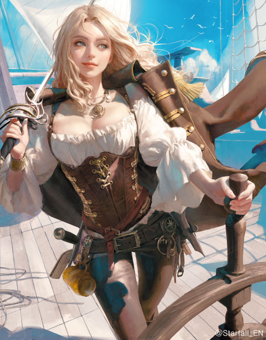 1girl, anchor_symbol, belt, bird, blonde_hair, blue_sky, blurry, blurry_background