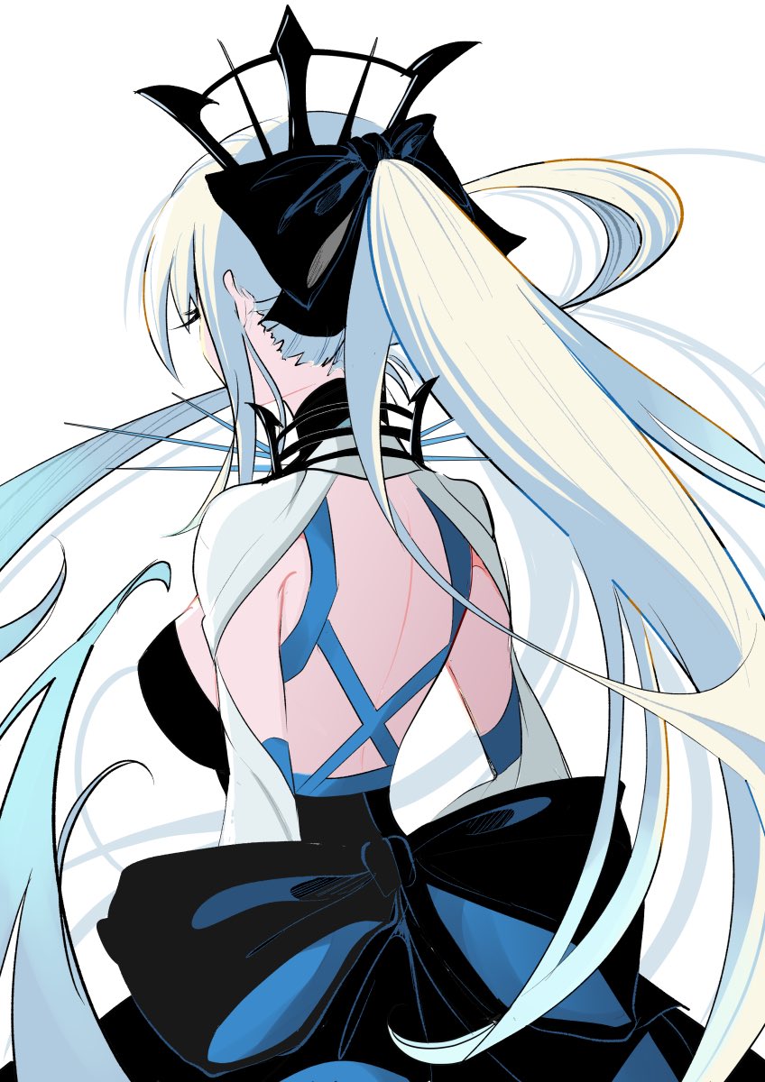 1girl, back, back_focus, black_bow, black_dress, blonde_hair, bow, breasts, clothing_cutout, crown, dress, fate/grand_order, fate_(series), floating_hair, from_behind, hair_bow, highres, kauderni01356, large_breasts, long_hair, morgan_le_fay_(fate), morgan_le_fay_(third_ascension)_(fate), ponytail, sidelocks, simple_background, very_long_hair, white_background