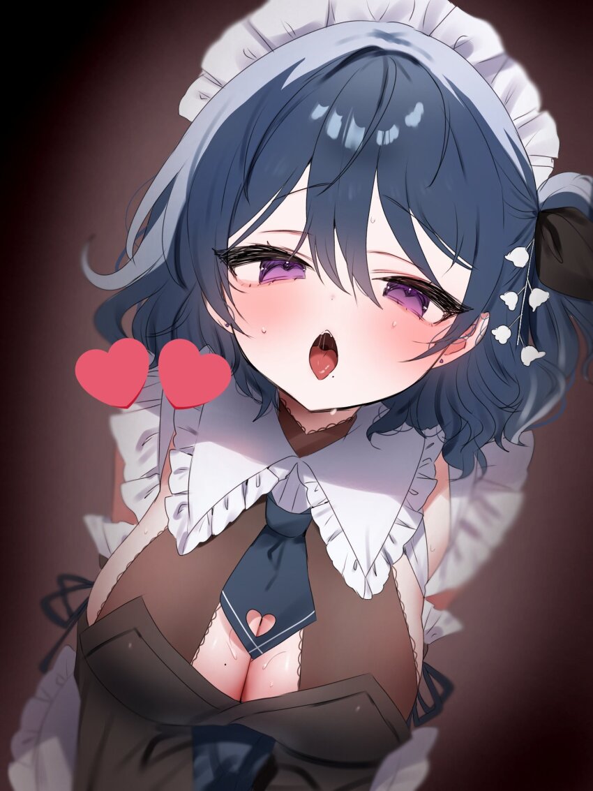 1girl, apron, black_dress, black_hair, blue_necktie, blush, breasts, cleavage