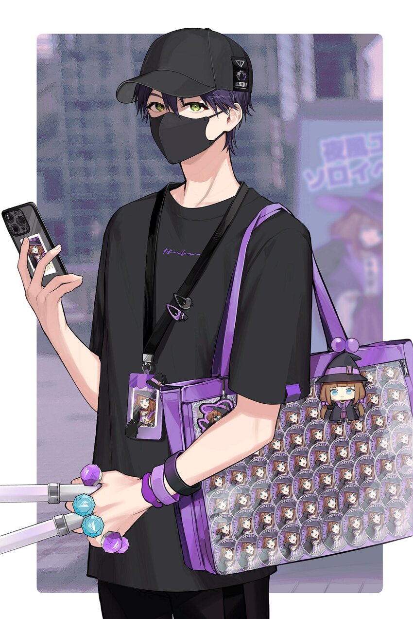 1boy, artist_name, bag, baseball_cap, black_hat, black_mask, black_pants, black_shirt