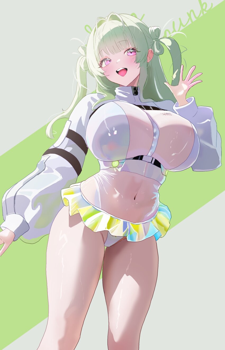 1girl, absurdres, antenna_hair, blush, breasts, cyberpunk, goddess_of_victory:_nikke, green_background